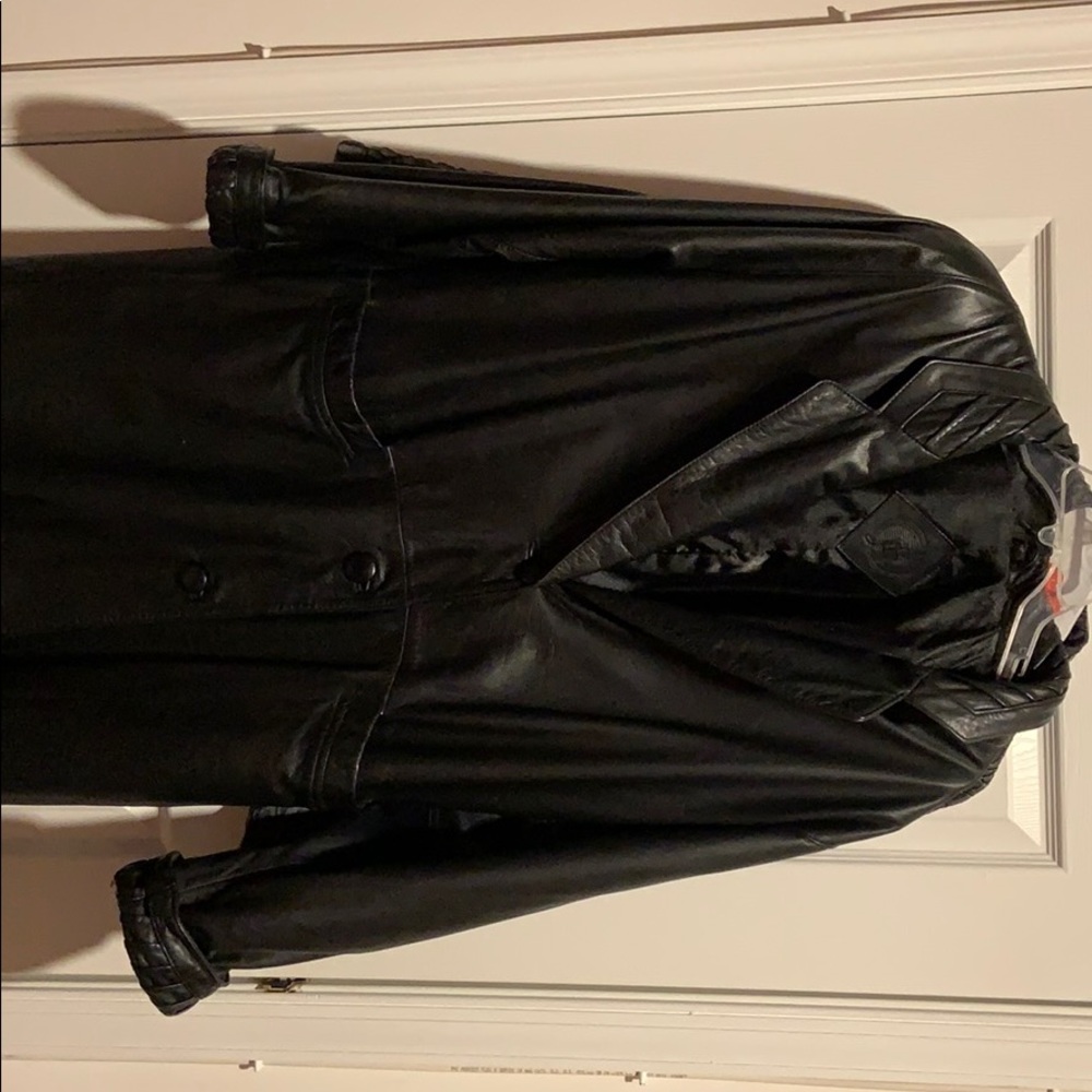 Long black leather coat